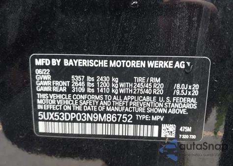 2022 BMW X3 xDrive30I z USA, uszkodzony, nr VIN 5UX53DP03N9M86752